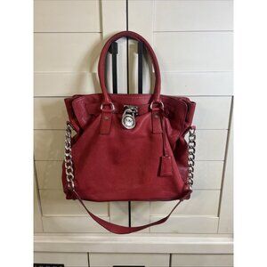 MICHAEL KORS Hamilton Large Red Leather Satchel Tote Purse Bag Silver Hardware